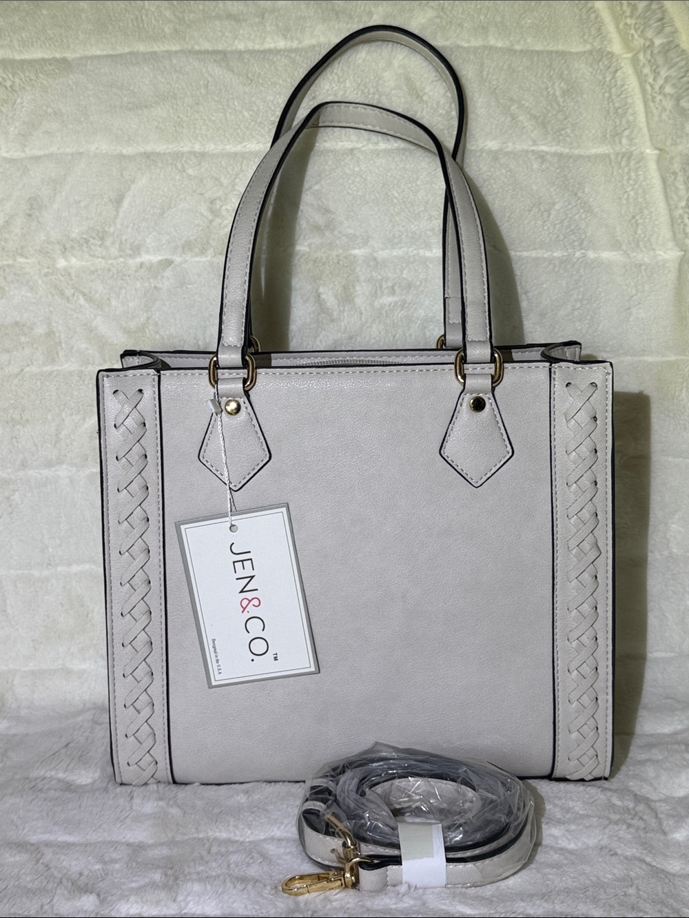 Jen & Co Light Gray/Stone Tote Bag with Braided Trim and crossbody strap